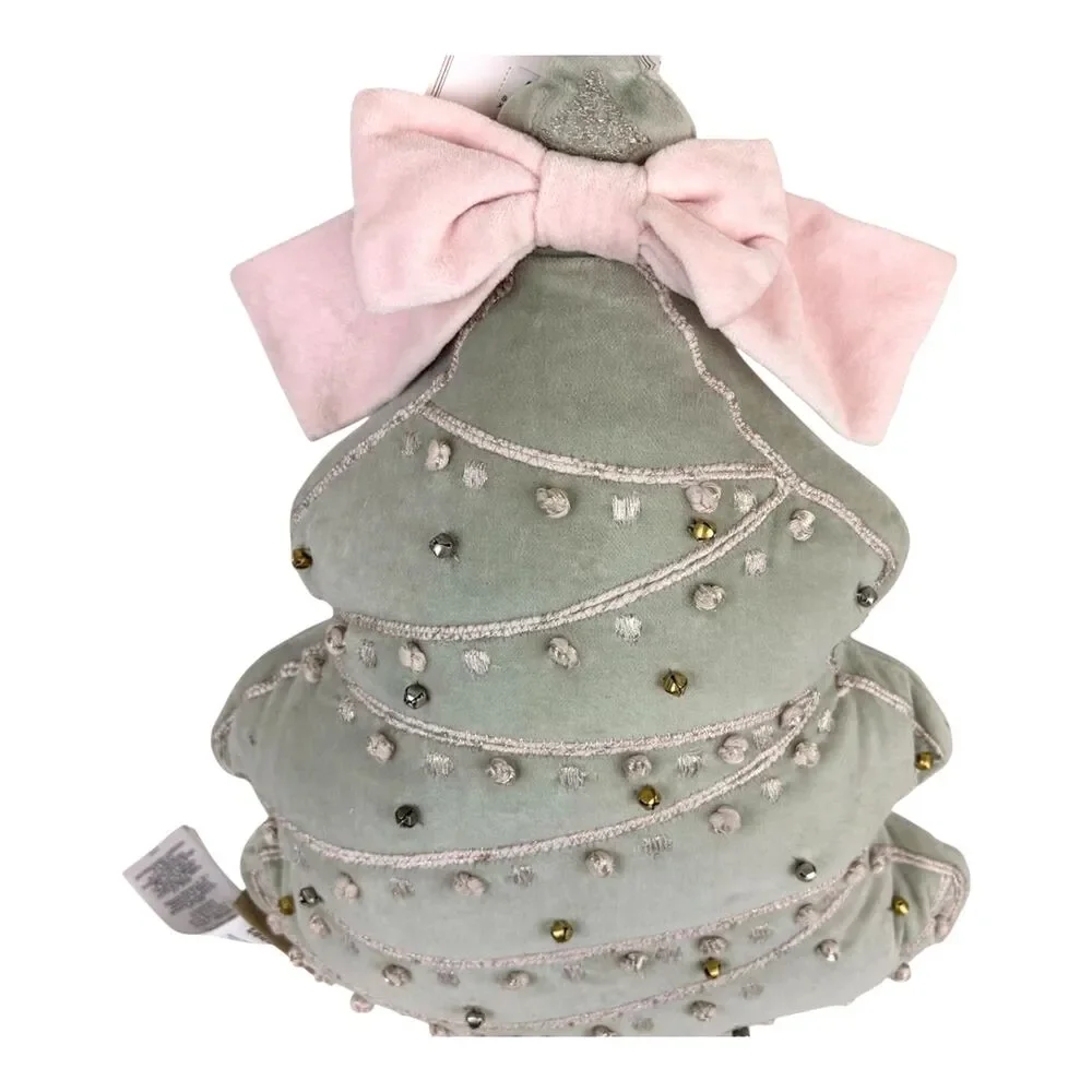 Pottery Barn Christmas Tree Shaped Embellished Pillow Green Velvet Pink Bow